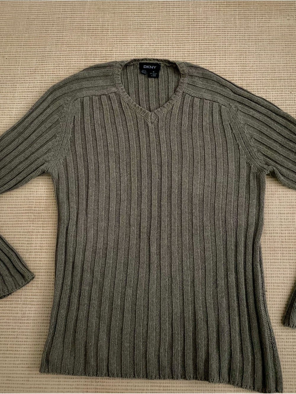 DKNY Olive Green Ribbed V-Neck Men's Sweater